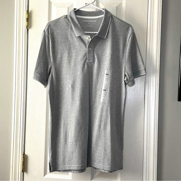 Calvin‎ Klein Jeans Polo Shirt Mens Medium Gray Slim Fit Stretch Short Sleeve CK - Picture 1 of 15